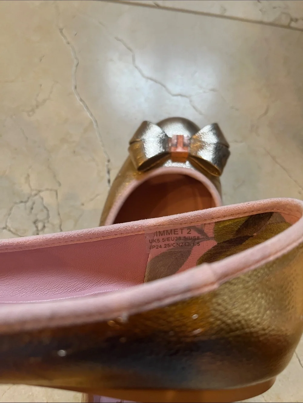 Ted Baker Metallic Rose Gold Bow Ballet Flats with Pink Interior